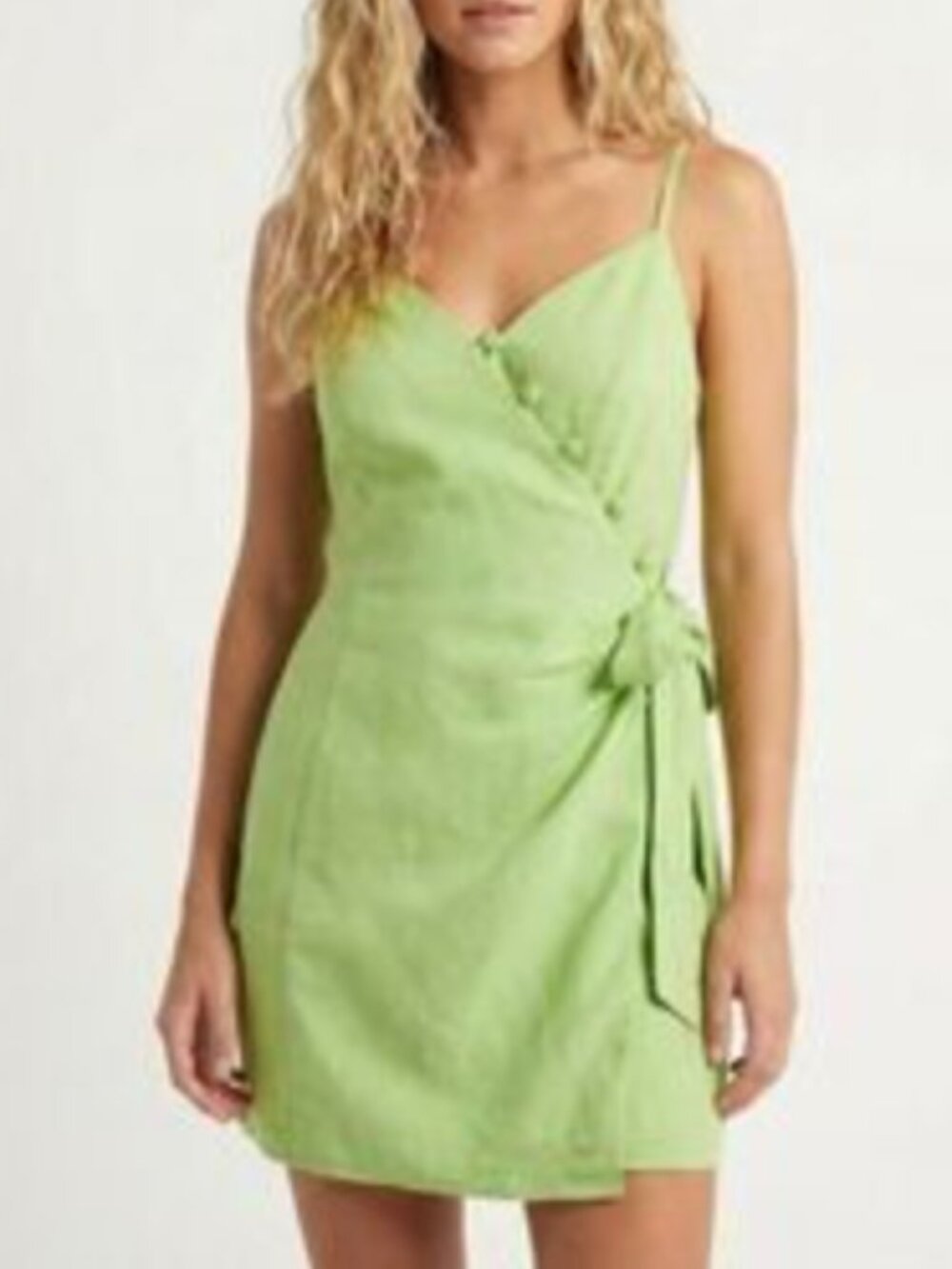 Moon River Lime Asymmetrical Button Wrap Mini Dress